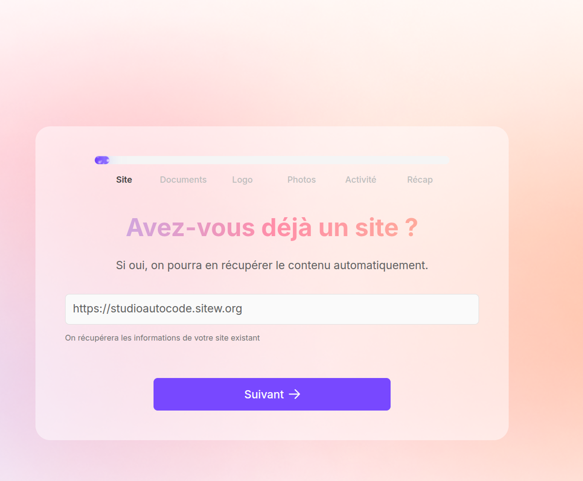 Saisir l'adresse de son site Wix dans l'assistant de création SiteW