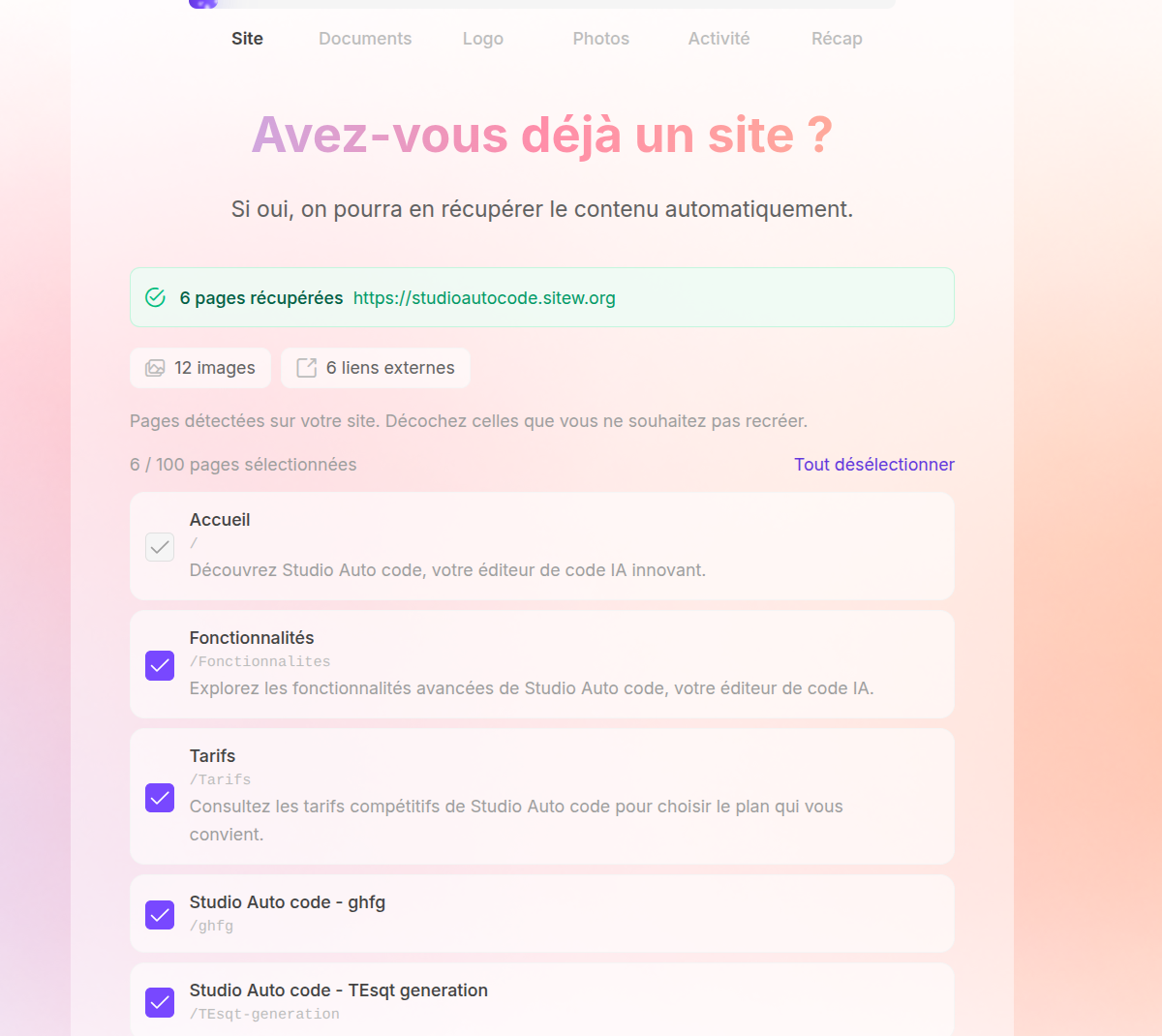 Sélection des pages du site Wix à importer dans SiteW