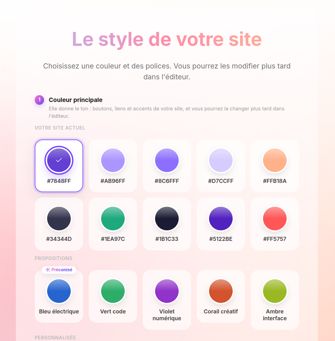 Couleurs détectées sur le site Wix et propositions de l'IA