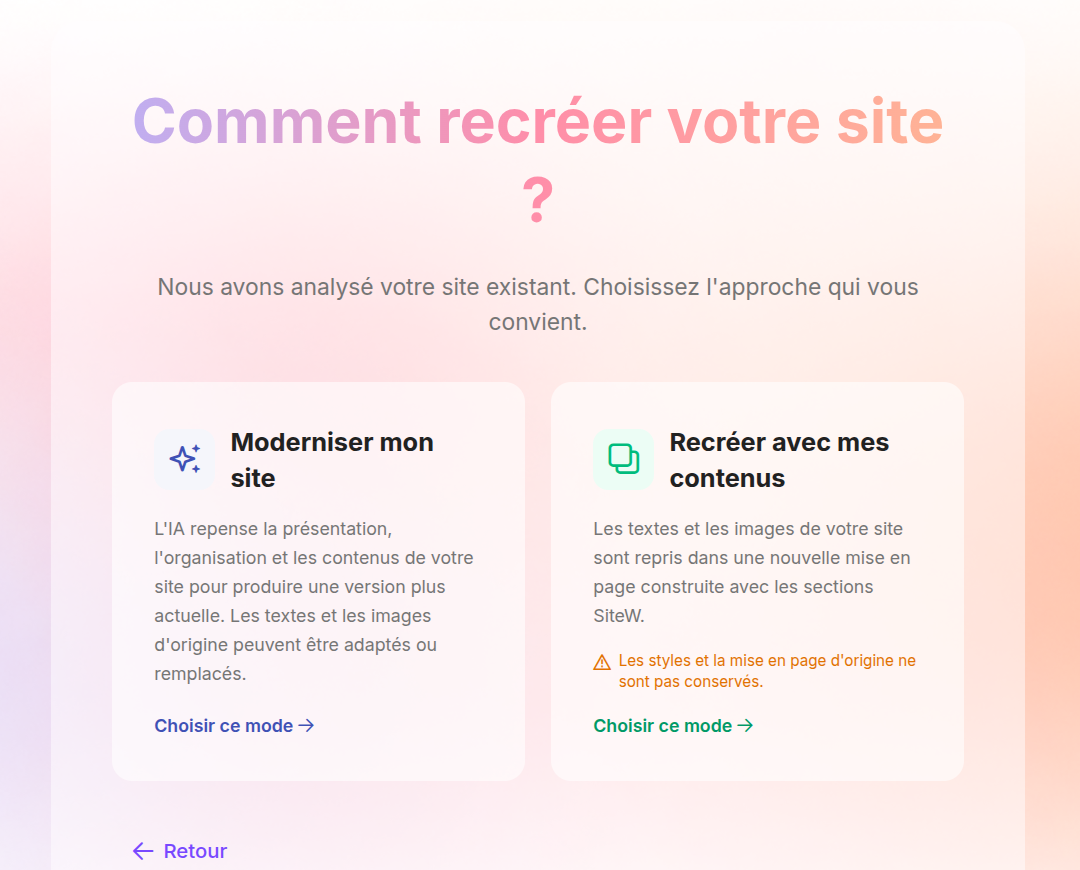 Choix du mode de recréation : modernisation par l'IA ou recréation avec vos contenus